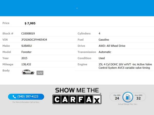 2015 Subaru Forester CVT 25i Premium PZEV FOR ONLY - $7,995 (Blue Ridge Blvd Roanoke, VA 24012)